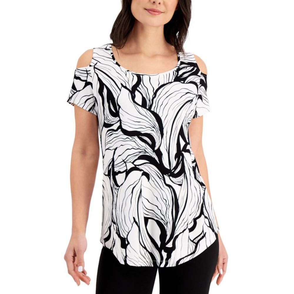 JM Collection Floral Print Cold Shoulder Top